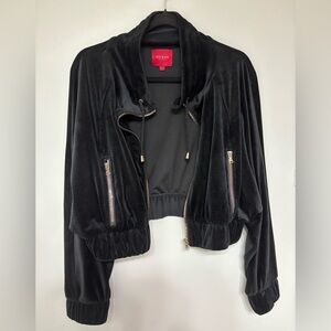 Guess Black Velvet Bomber Jacket with Asymmetrical Design